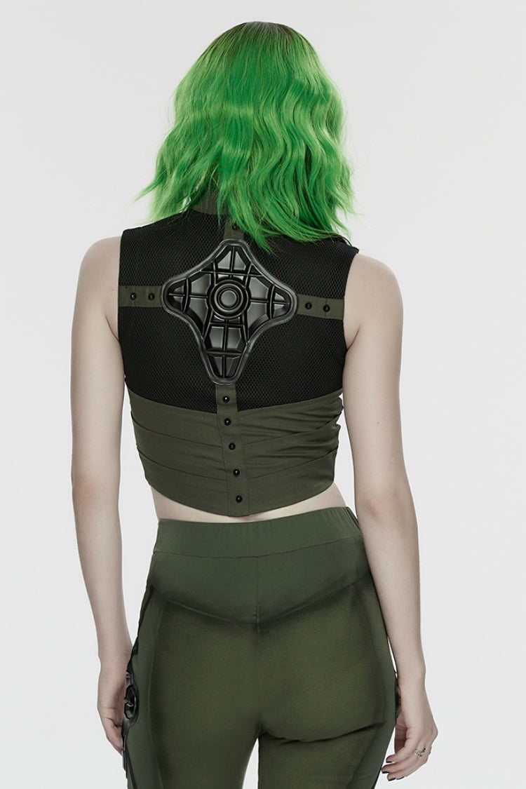 Black/Green Sleeveless Cut-Out Studded Mechanical Women's Punk Tank Top - Product - 3