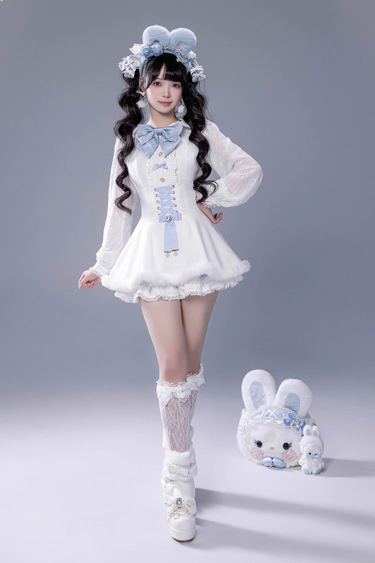 White Long Sleeves Ruffle Bowknot Lace-Up Japanese Jirai Kei Dress Shorts Plush Set - Product - 8