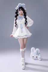 White Long Sleeves Ruffle Bowknot Lace-Up Japanese Jirai Kei Dress Shorts Plush Set - Product - 8