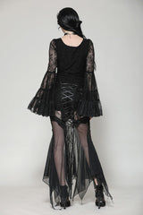 Black Women's Gothic V Collar Long Flared Sleeves Lace Patchwork Blouse - Product - 4