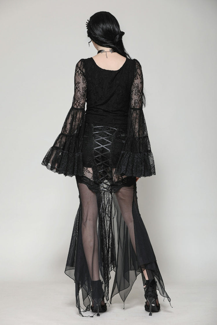 Black Women's Gothic V Collar Long Flared Sleeves Lace Patchwork Blouse - Product - 4