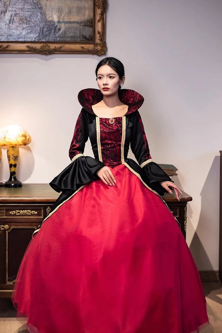 Wine Red Print Medieval Court Gothic Victorian Lolita Dress - Product - 2