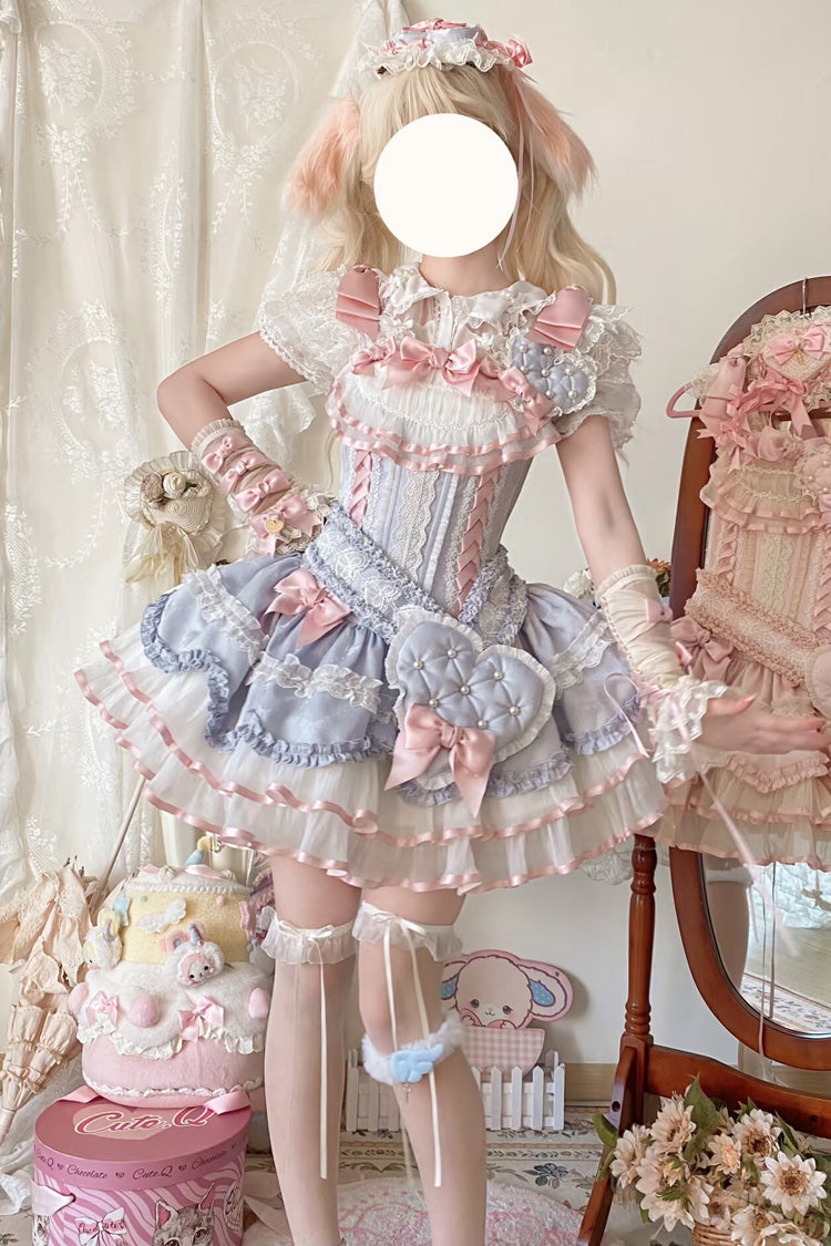 Blue Triple-Layered Ruffled Bow Lace-Up Slim Ballet Sweet Lolita Dress - Product - 3