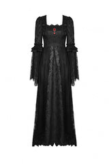 Black Square Collar Long Hime Sleeves Embroidered Lace Spliced Women's Gothic Maxi Wedding Dress - Product - 3