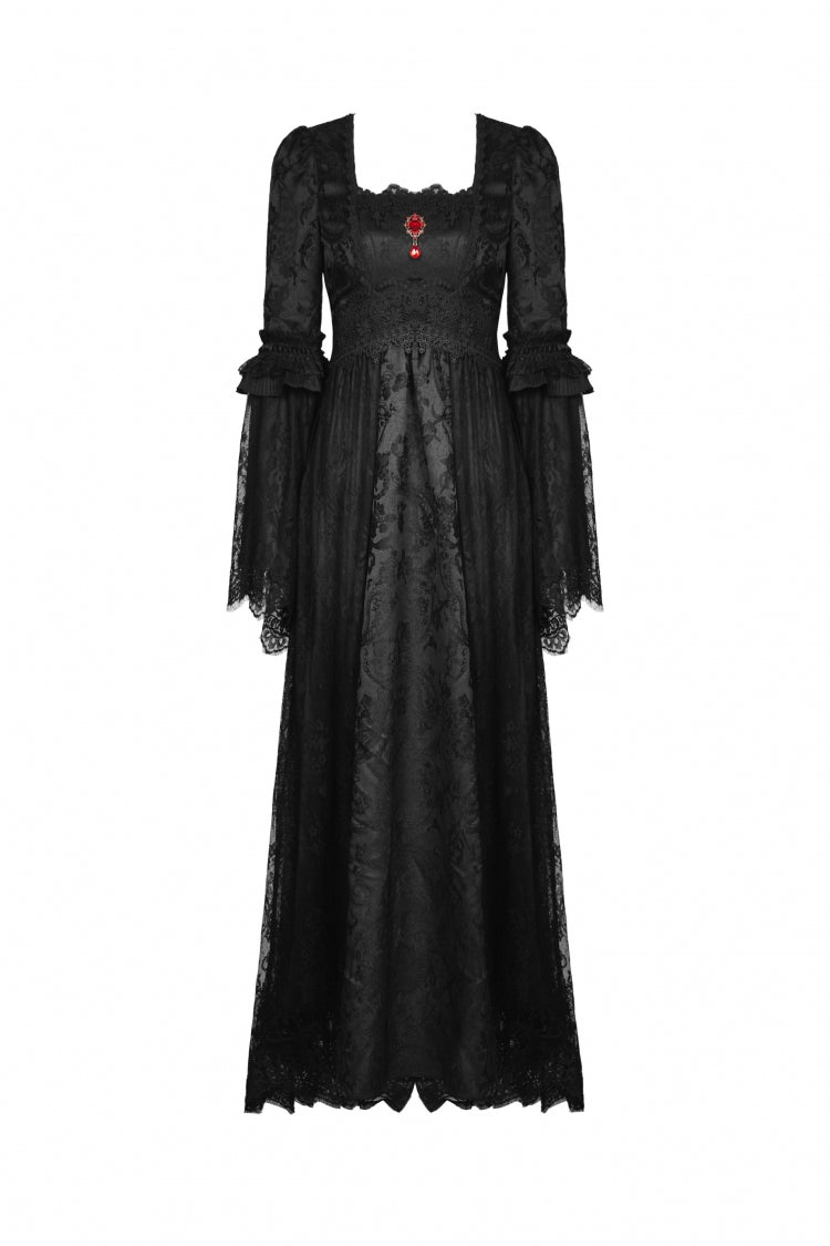 Black Square Collar Long Hime Sleeves Embroidered Lace Spliced Women's Gothic Maxi Wedding Dress - Product - 3