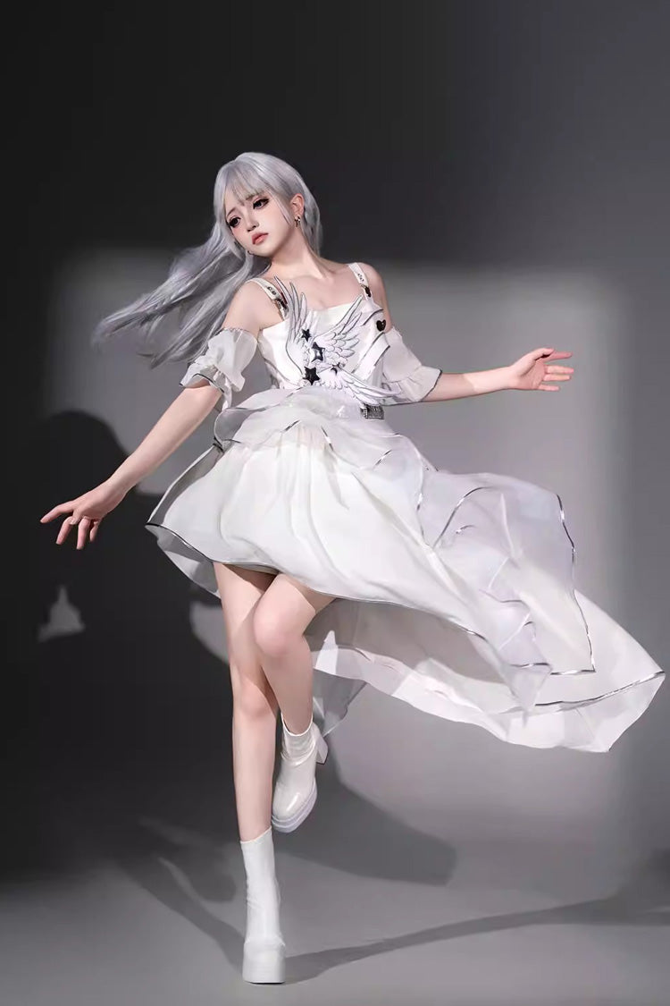 White [Silver Wings] Stand Collar Irregular Asymmetric Futuristic Style Punk Lolita Jsk Dress Set - Product - 9