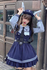 Blue [Rabbit Officer] Long Sleeves Printed Ruffled Faux Two-Piece College Style Sweet Lolita Dress - Product - 9