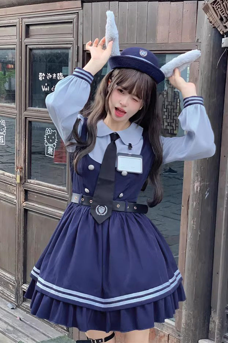 Blue [Rabbit Officer] Long Sleeves Printed Ruffled Faux Two-Piece College Style Sweet Lolita Dress - Product - 9