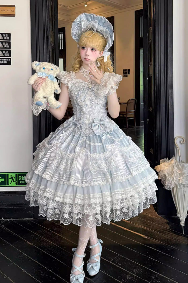 Blue [Moonlit Sakura Ode] Sleeveless Multi-Layered Ruffled Bow Lace Sweet Lolita Dress - Product - 4