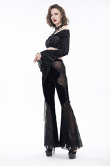 Black Translucent Velvet Jacquard Sexy Panel Lace-Up Plaid Flared Gothic Women's Pants - Product - 6
