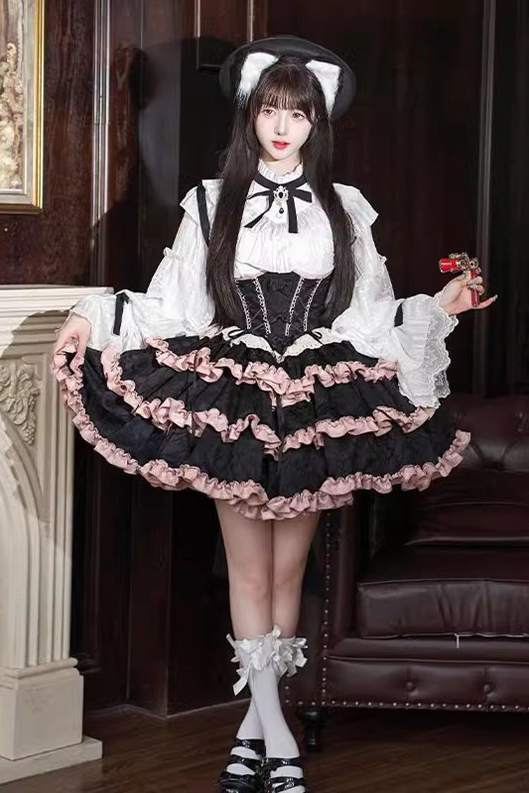 Black/Pink Sleeveless Multi-Layered Ruffle Bowknot Lace-Up Sweet Lolita Strap Dress - Product - 2