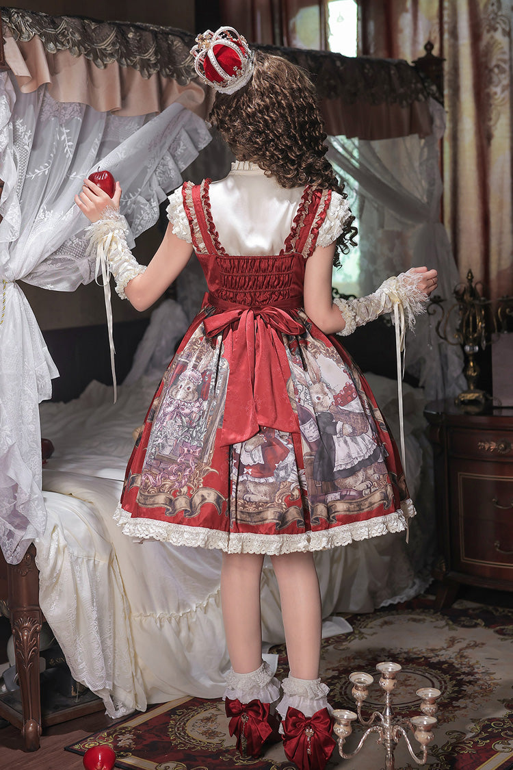 Red [Mystery Bunny] Sleeveless Jacquard Printed Ruffled Bow Lace Classic Lolita Jsk Dress Set - Product - 4