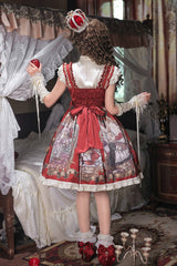 Red [Mystery Bunny] Sleeveless Jacquard Printed Ruffled Bow Lace Classic Lolita Jsk Dress Set - Product - 4