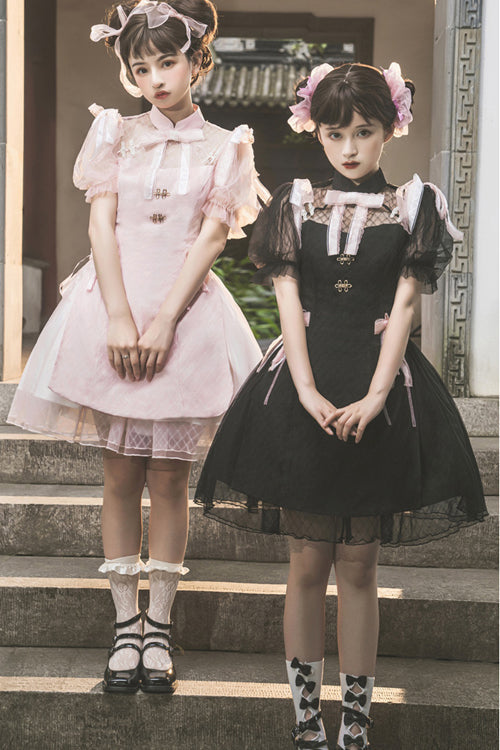 Chinese Style Stand Collar Lace Puff Short Sleeve Delicate Sweet Lolita Dress - Product - 3