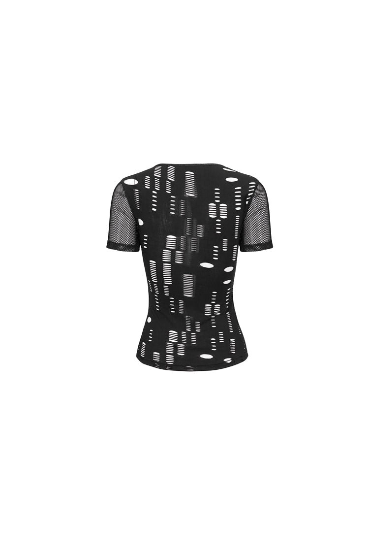 Black V Neck Stretch Destroyed Faux Leather Metal Ring Women's Punk T-Shirt - Product - 8