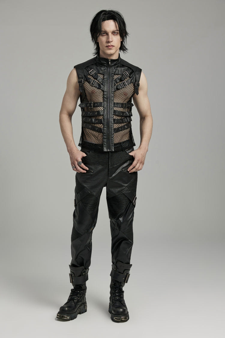 Black Multi-buckles Hollow Mesh Faux Leather Men's Punk Vest - Product - 4