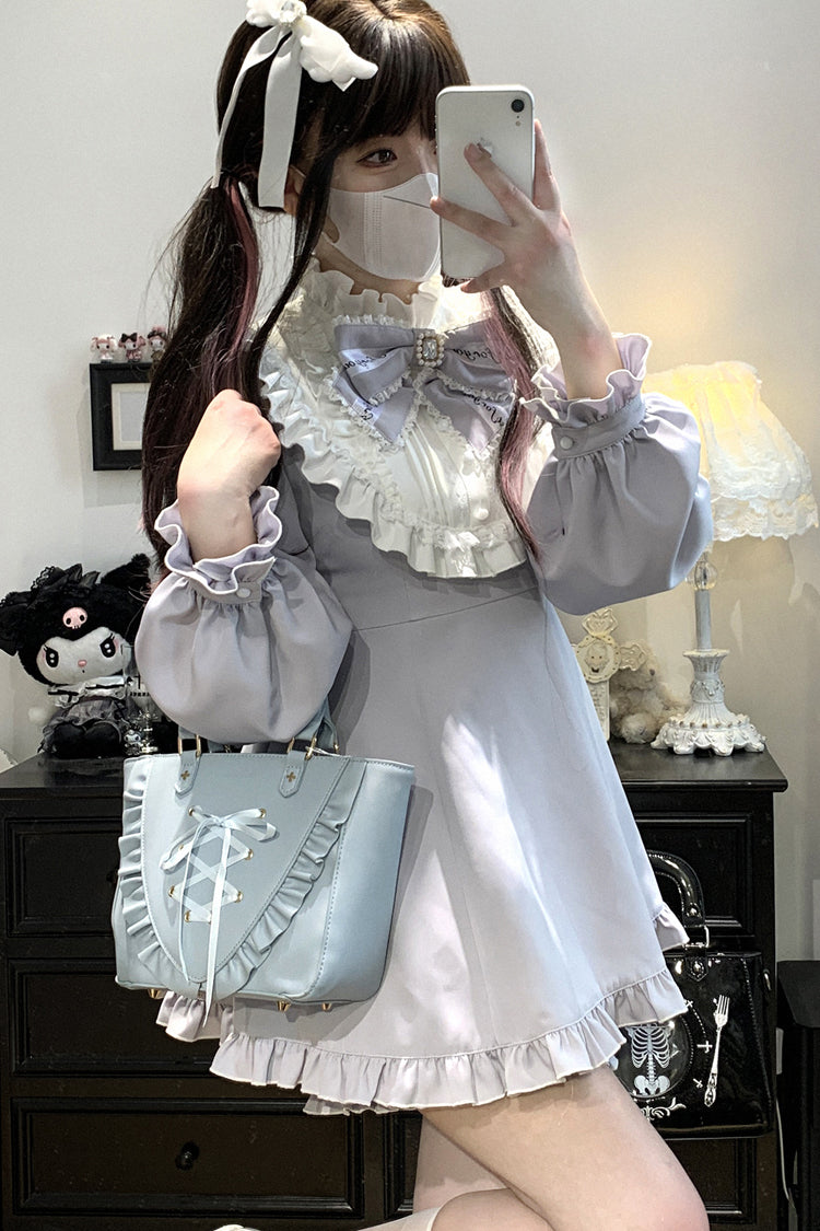 Light Blue [Rose Princess] Off Shoulder Long Sleeves Ruffle Bowknot Gothic Jirai Kei Dress - Product - 6