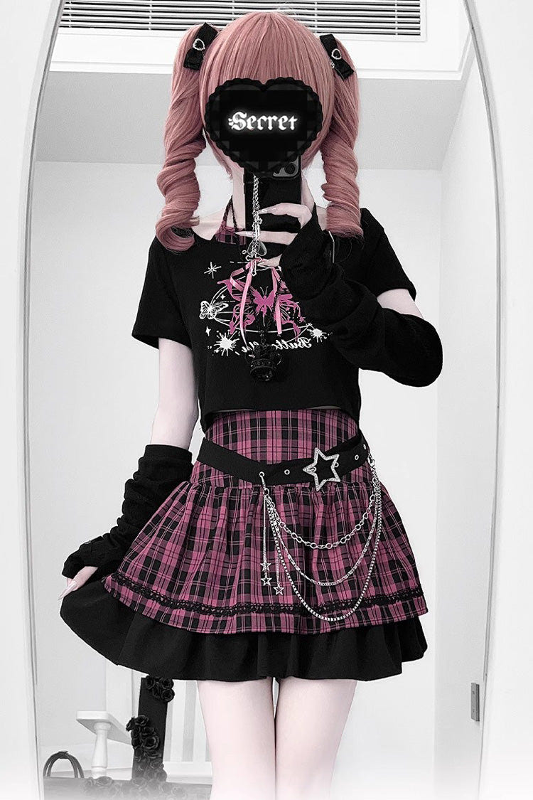 Black/Pink [Butterfly Chapter] Short Sleeves Print Gothic Jirai Kei Skirt Set - Black/Pink - 1