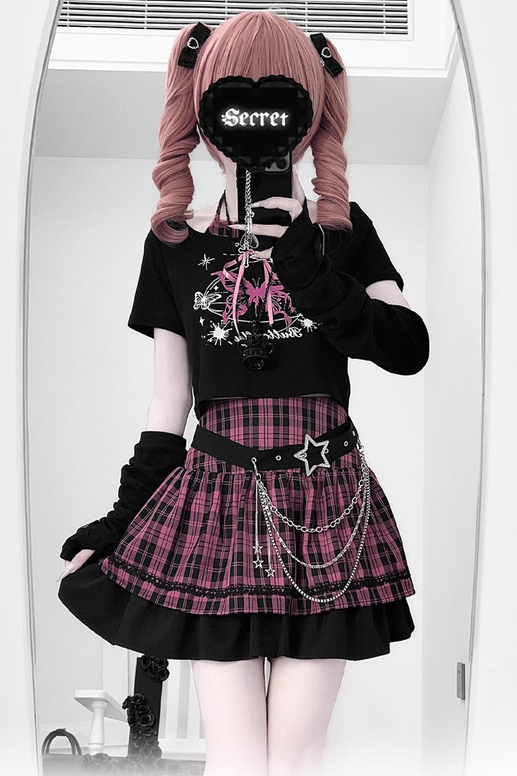 Black/Pink [Butterfly Chapter] Short Sleeves Print Gothic Jirai Kei Skirt Set - Black/Pink - 1