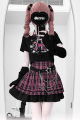 Black/Pink [Butterfly Chapter] Short Sleeves Print Gothic Jirai Kei Skirt Set - Black/Pink - 1