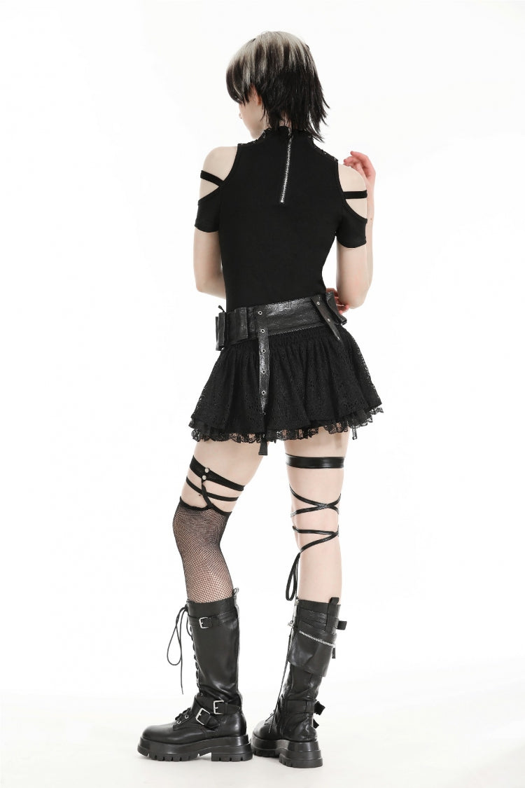 Black Faux Leather Spliced Lace Lace-Up Women's Punk Mini Skirt - Product - 4