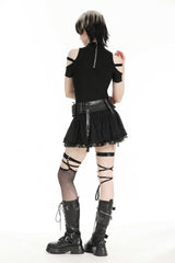 Black Faux Leather Spliced Lace Lace-Up Women's Punk Mini Skirt - Product - 4