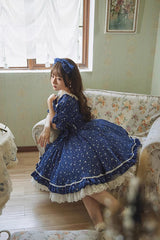 Midsummer Galaxy Shiny Star Print Short Sleeves Ruffle Bowknot Sweet Lolita OP Dress - Product - 7