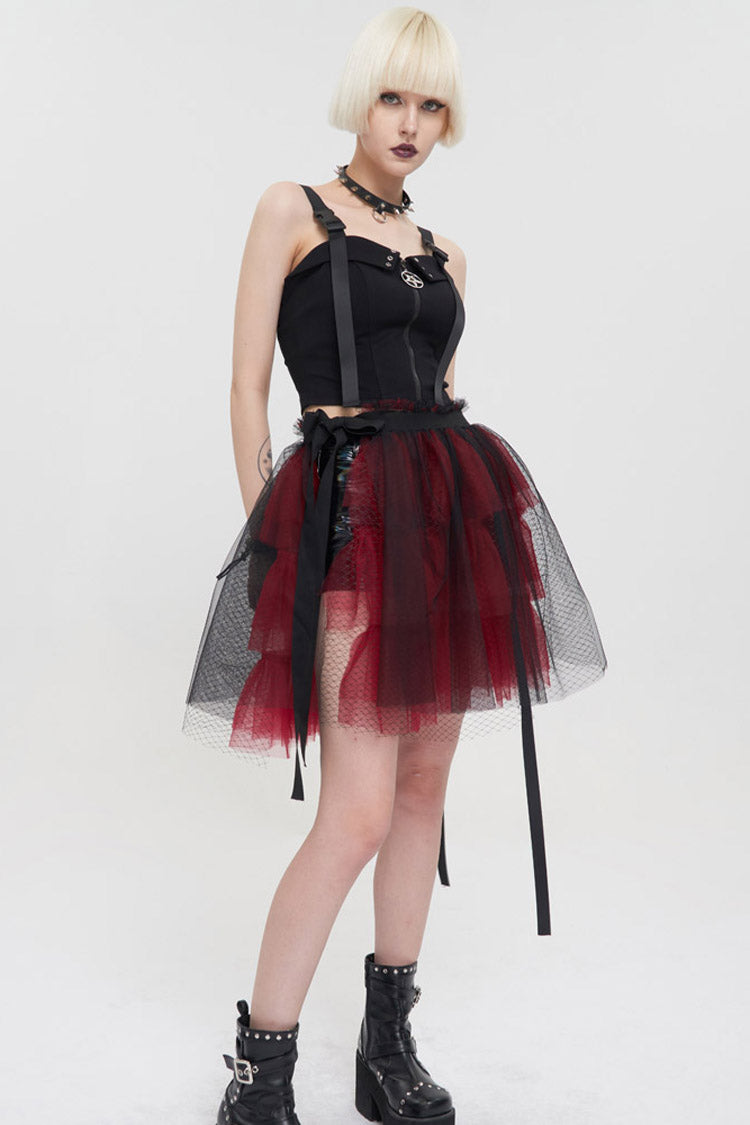 Black/Red Punk Mesh Ruffles Rock Women's Short Skirt - Product - 6
