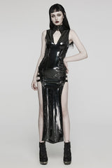 Pu Leather Sleeveless Hollow Side Slit Buckle Women's Steampunk Dress 2 Colors - Product - 4
