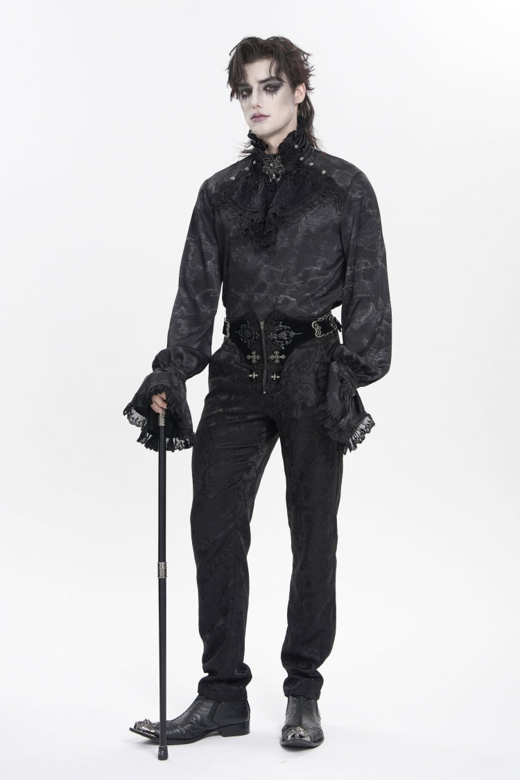 Black Stand Collar Long Trumpet Sleeves Printed Bow Lace Pearl-Decorated Men's Gothic Gorgeous Shirt - Product - 9