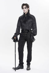 Black Stand Collar Long Trumpet Sleeves Printed Bow Lace Pearl-Decorated Men's Gothic Gorgeous Shirt - Product - 9