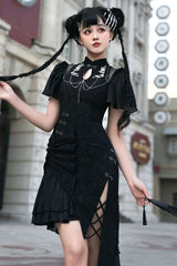 Original Chinese Han Elements Black Embroidered Cheongsam Classic Lolita Hanfu Dress - Product - 3