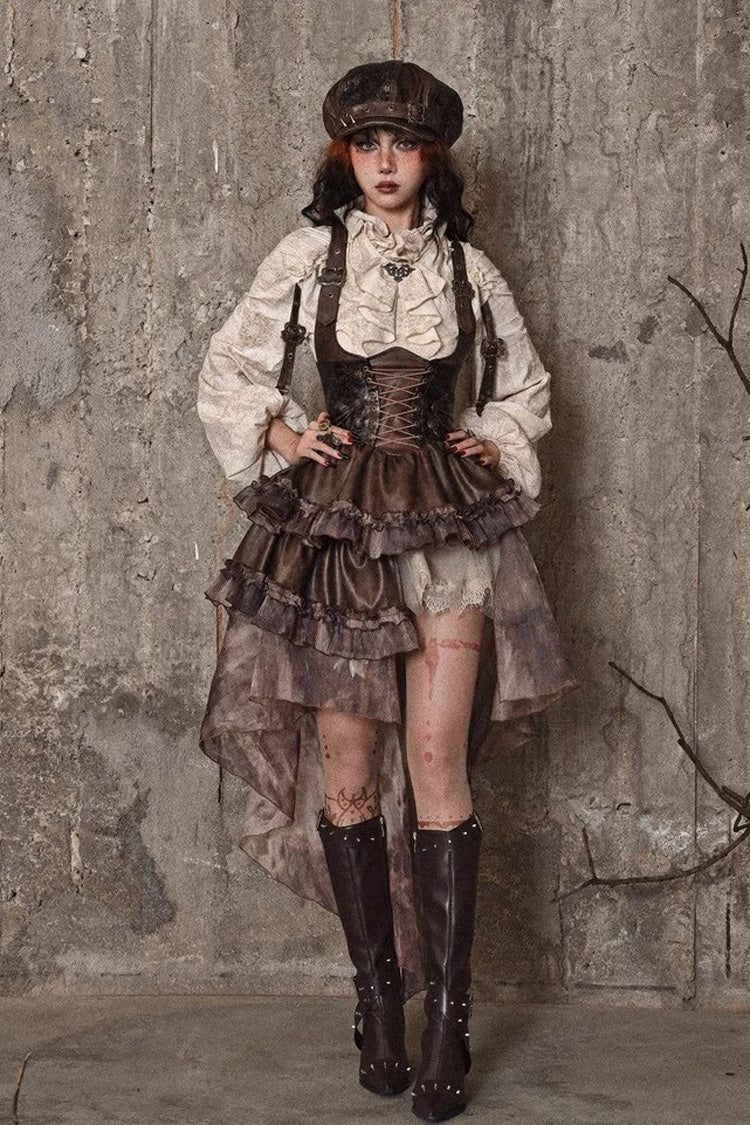Brown Chest Straps Ruffle Irregular Detachable Tail Punk Lolita Dress - Product - 11