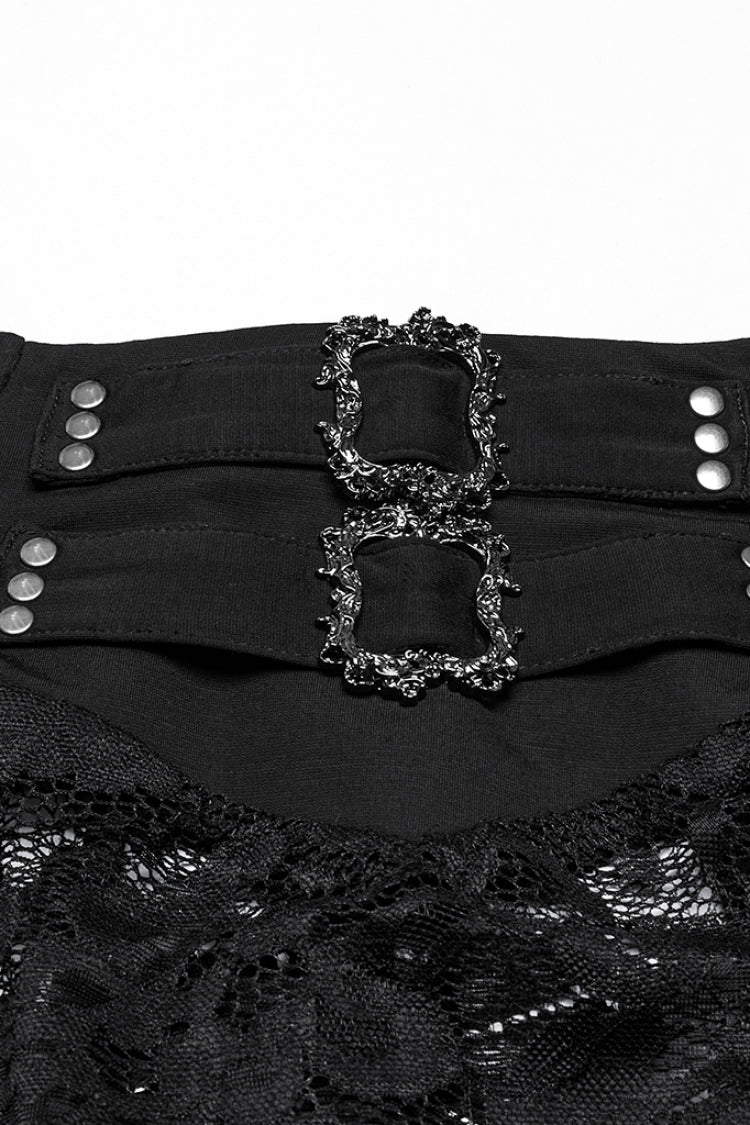 Black Embroidery Split Lace Women's Gothic Skirt with Studded Chain - Product - 5