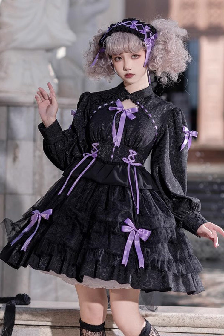 [Love Song] Long Sleeves Multi-Layered Jacquard Ruffle Bowknot Sweet Gothic Lolita Dress 3 Colors - Black/Purple - 2