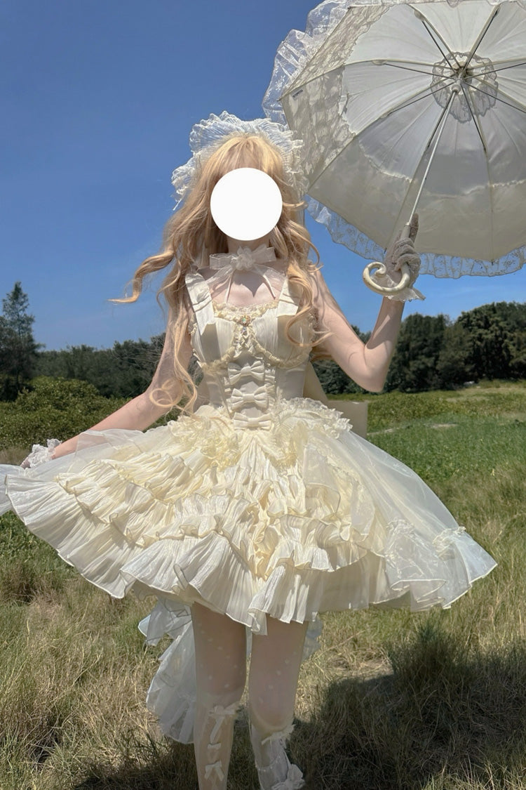 Apricot [Cream Cake] Sleeveless Multi-Layered Ruffle Bowknot Sweet Princess Lolita Jsk Dress Set - Product - 11