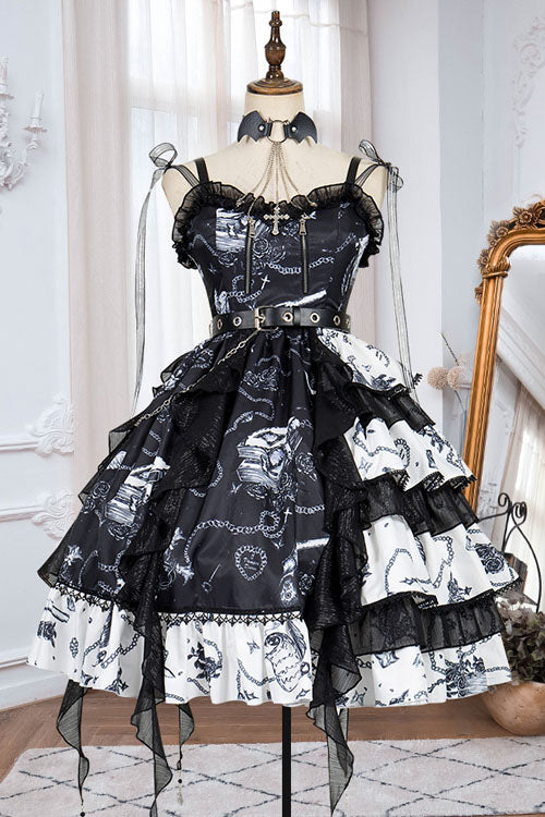 Black/White Vampire Diaries Cross Print Contrast Stitching Multi-Layer Ruffled Gothic Lolita Jsk Dress - Product - 4