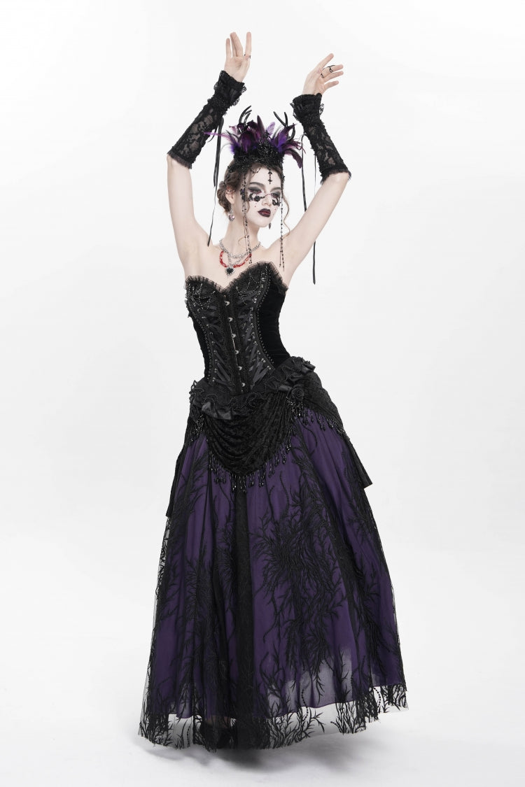 Black/Purple Floral Embroidered Beaded Women's Gothic Long Skirt - Product - 12