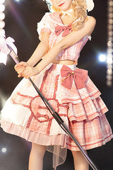 Pink Chest Bowknot One Shoulder Sleeves Plaid Print Suit Sweet Lolita Dress - Pink - 1