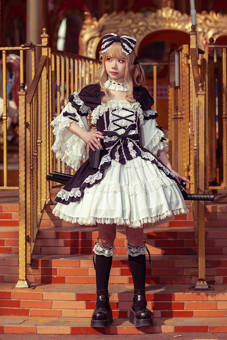 White/Black Short Sleeves Cardigan Bowknot Doll Sweet Lolita Dress - Product - 12