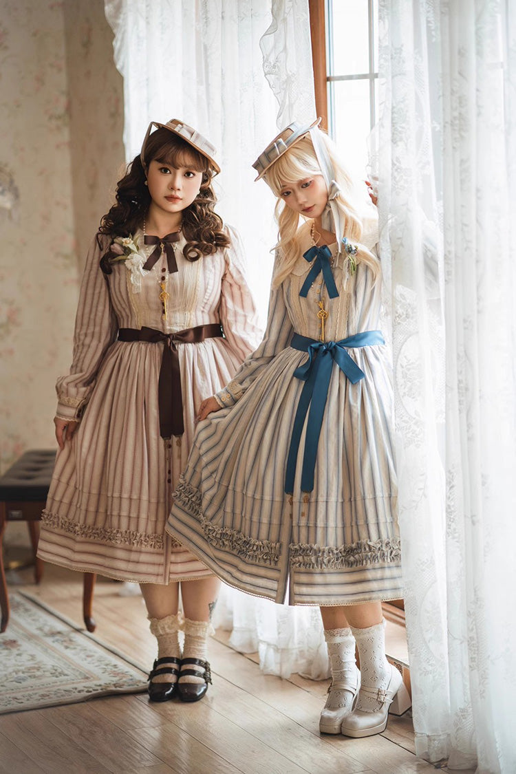 Forest Atlas Striped Print Long Sleeves Bowknot Sweet Lolita Dress 3 Colors - Product - 2
