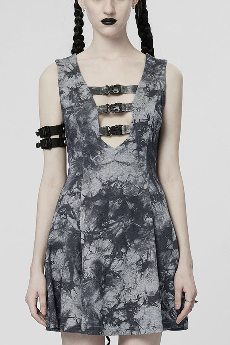 V Collar Sleeveless Buckle Women's Steampunk Dress 2 Color - Grey - 8