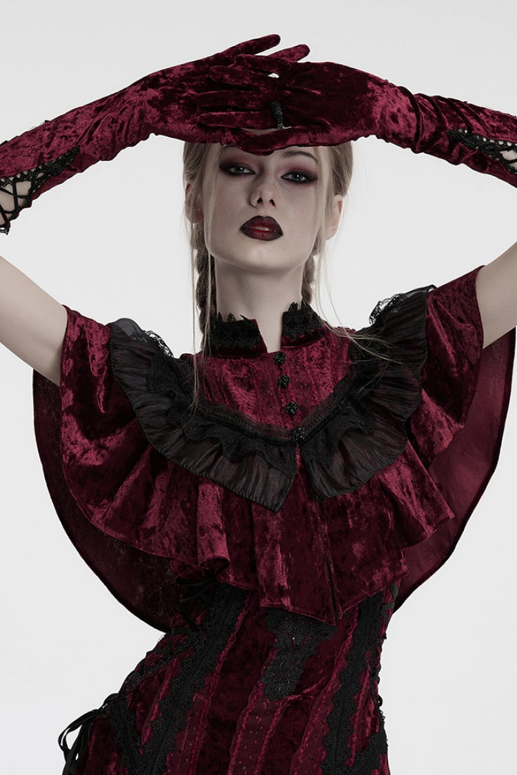 Red Floral Embroidery Lace-Up Women's Gothic Gloves - Red - 1