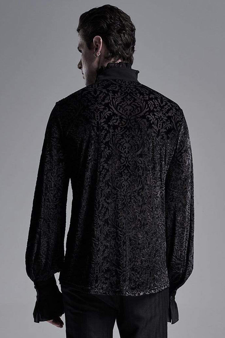 Black High Collar Lantern Sleeve Front Metal Retro Button Flounce Cuff Velveteen Knit Men's Gothic Shirt - Product - 3