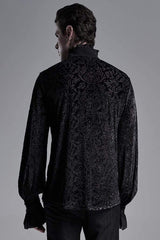 Black High Collar Lantern Sleeve Front Metal Retro Button Flounce Cuff Velveteen Knit Men's Gothic Shirt - Product - 3
