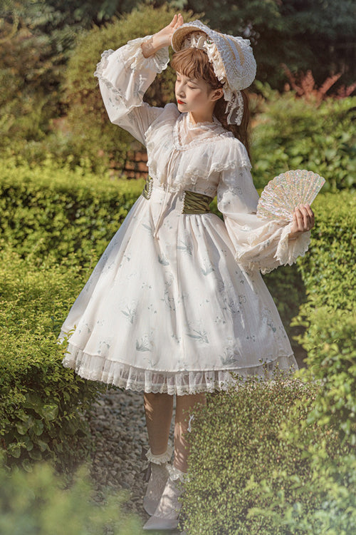 Beige Lace Round Collar Ruffled Lantern Sleeves Fresh Floral Print Sweet (Dress Only) detail view 2