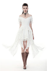 White Off Shoulder Lace Short Sleeves Lace-Up Women's Steampunk Luxurious Wedding Graduation Dress - Product - 7