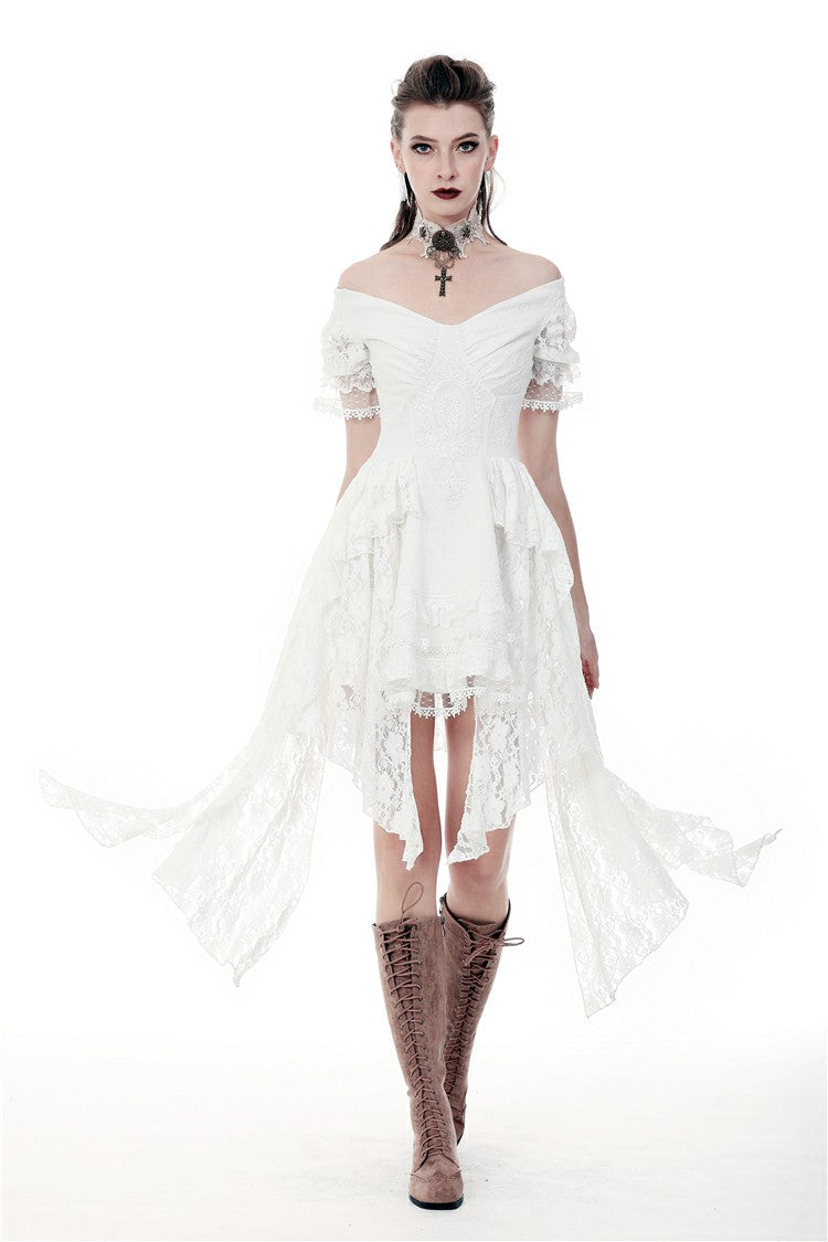 White Off Shoulder Lace Short Sleeves Lace-Up Women's Steampunk Luxurious Wedding Graduation Dress - Product - 7