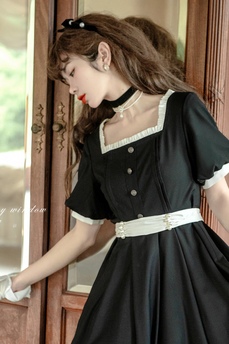 Black [Random Thoughts] Square Collar Short Sleeves Ruffle Classic Vintage Elegant Lolita Dress - Product - 9