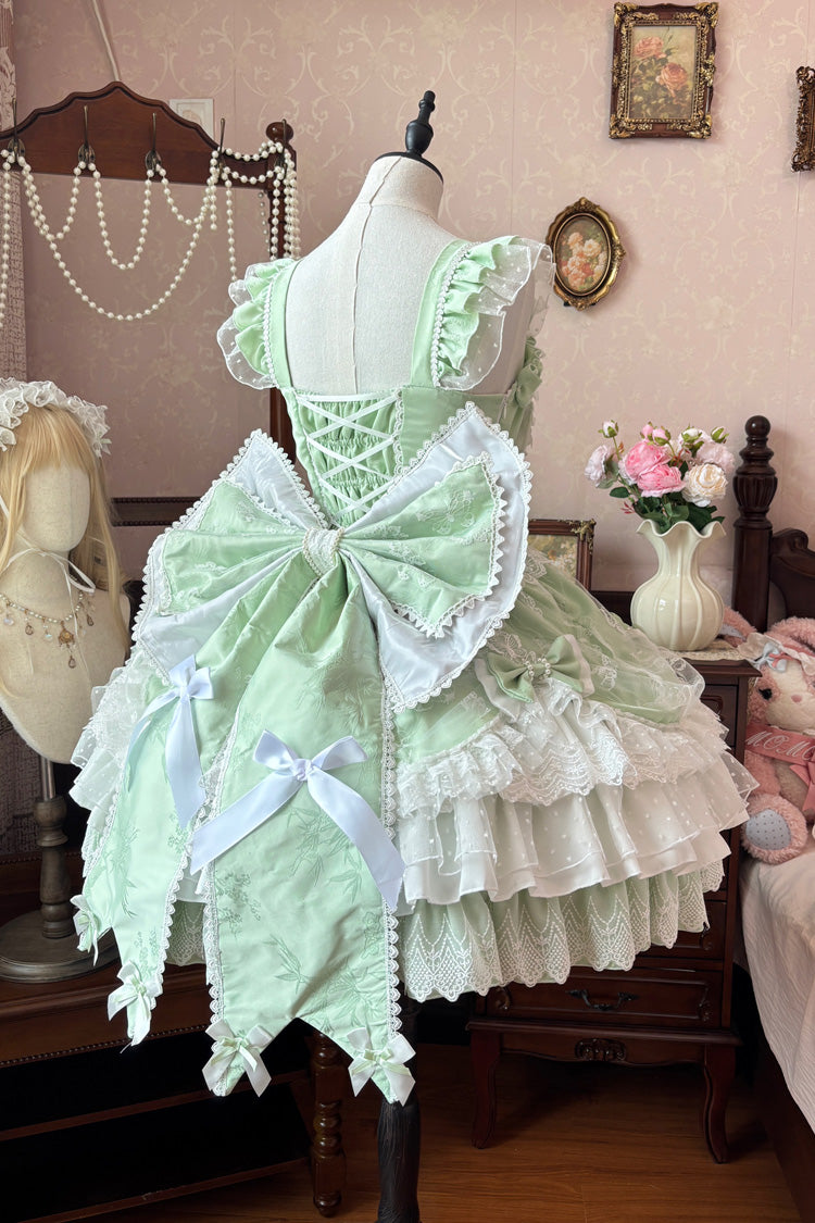 Green Sleeveless Triple-Layered Ruffle Embroidery Bowknot Lace-Up Pearl Sweet Plus Size Lolita Jsk Dress - Product - 7